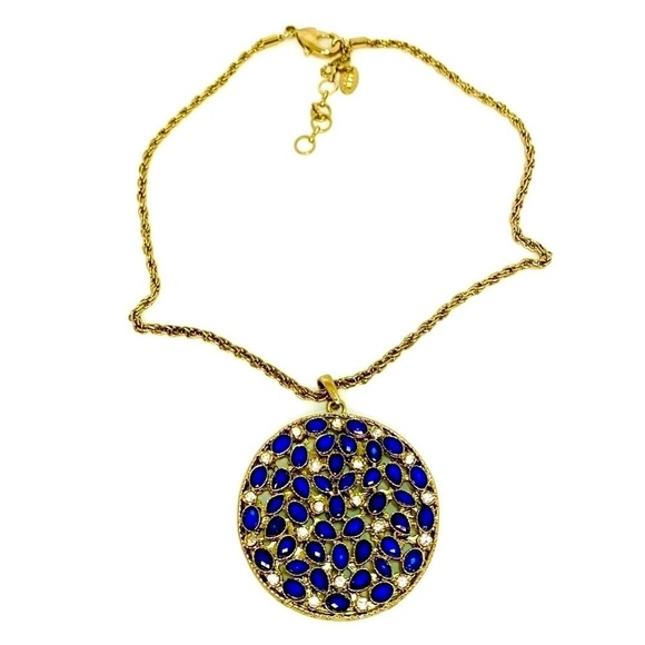 VINTAGE BOHO AMRITA SINGH BLUE RHINESTONE LARGE ROUND PENDANT NECKLACE Chain 18” - Picture 1 of 6